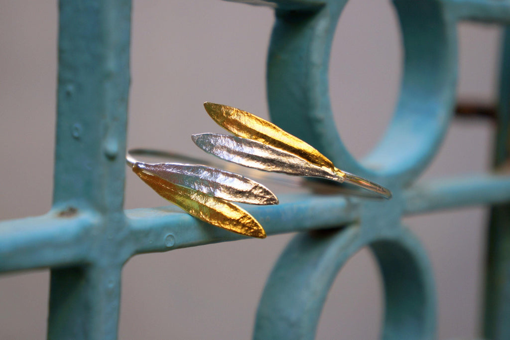 Open Cuff Bracelet: Real Olive Leaf Design - Sterling Silver & Gold