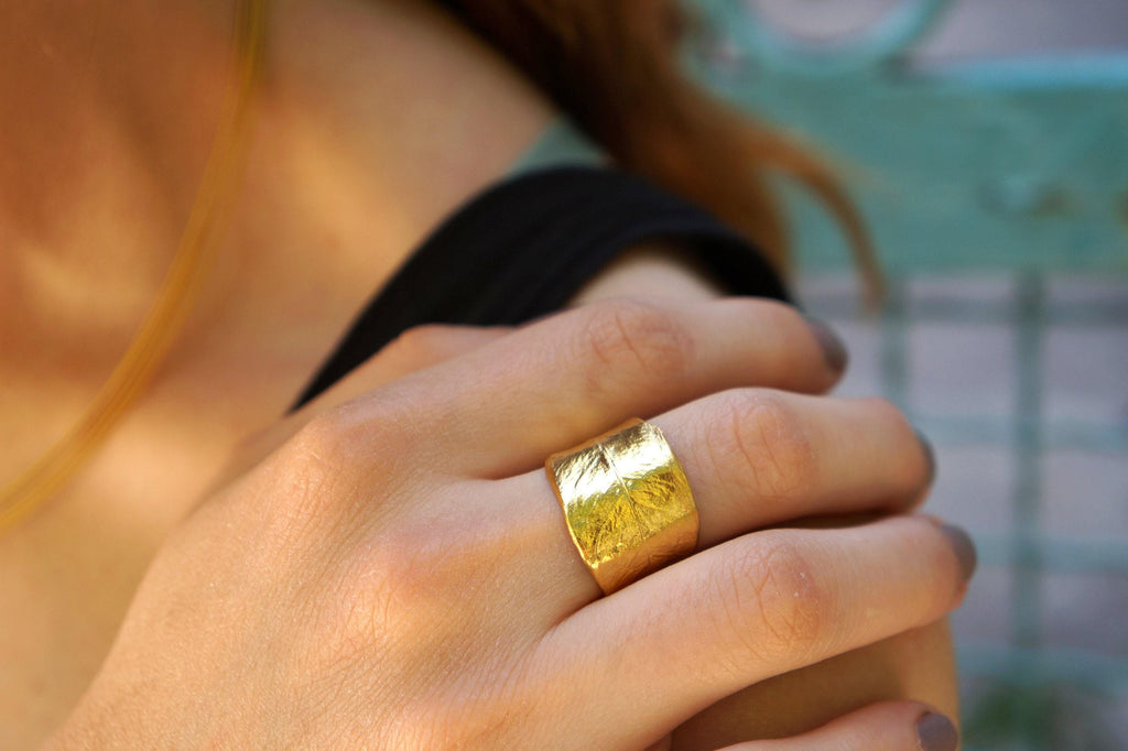 Olive Leaf Ring: Adjustable Wide Band, Gold-Plated Brass Nature Jewelry
