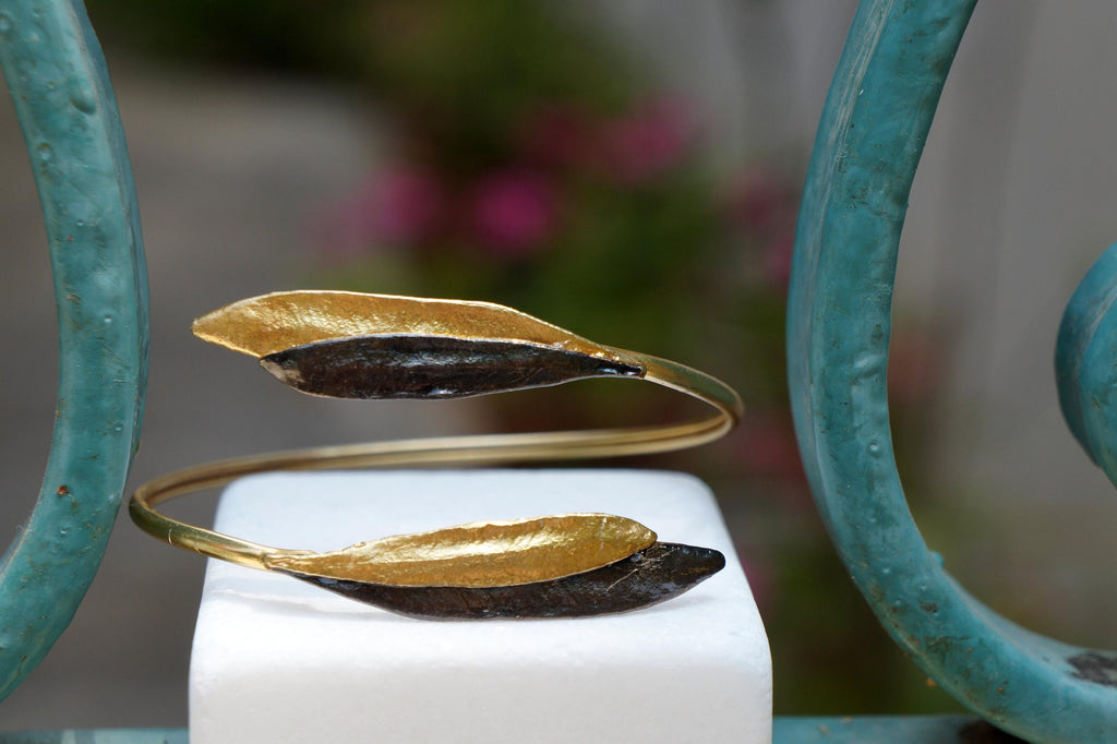 Olive Leaf Cuff Bracelet: Adjustable Gold and Black Rhodium