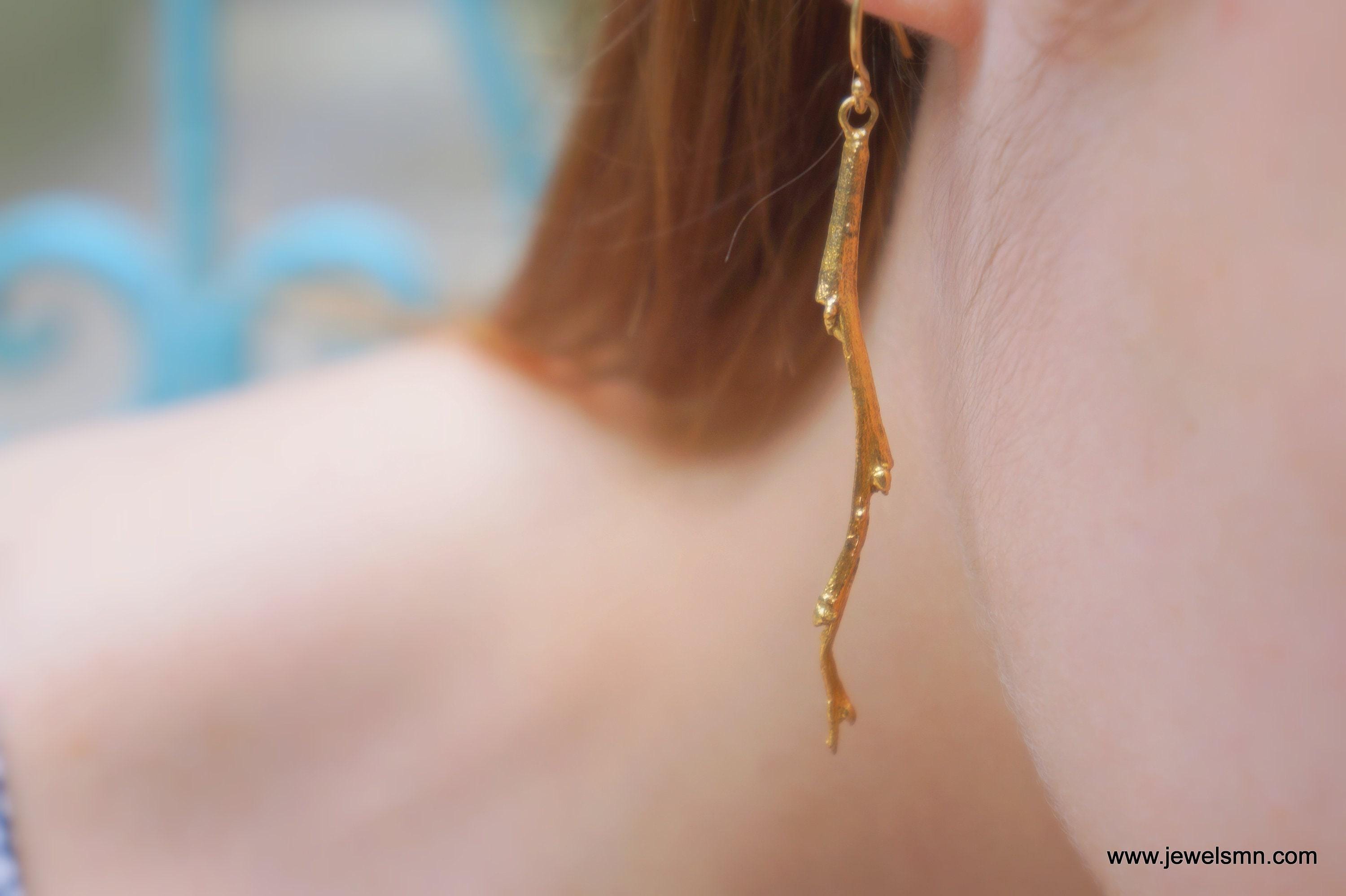 Nature-Inspired Olive Branch Earrings, Gold Dangle (Lightweight, Long)