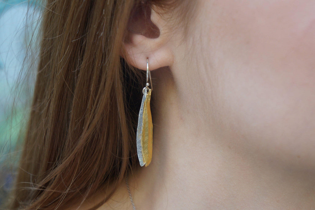 Olive Leaf Dangle Earrings: Sterling Silver and 14k Gold