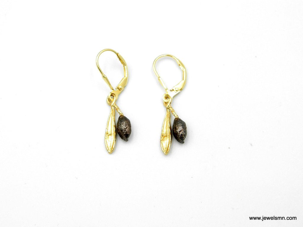 Olive Leaf Earrings: Gold-Plated Brass Dangle with Two-Tone Detail