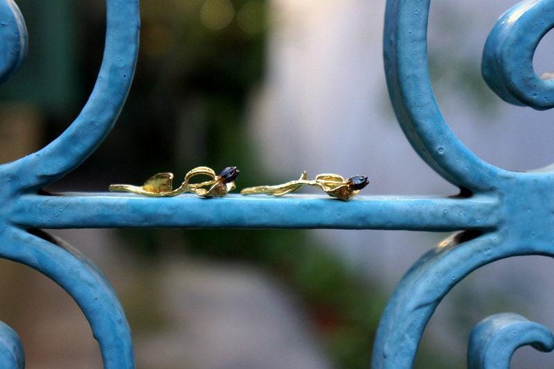 Naturalist Olive Earrings, Gold & Black Sterling Silver (Delicate Floral Design)