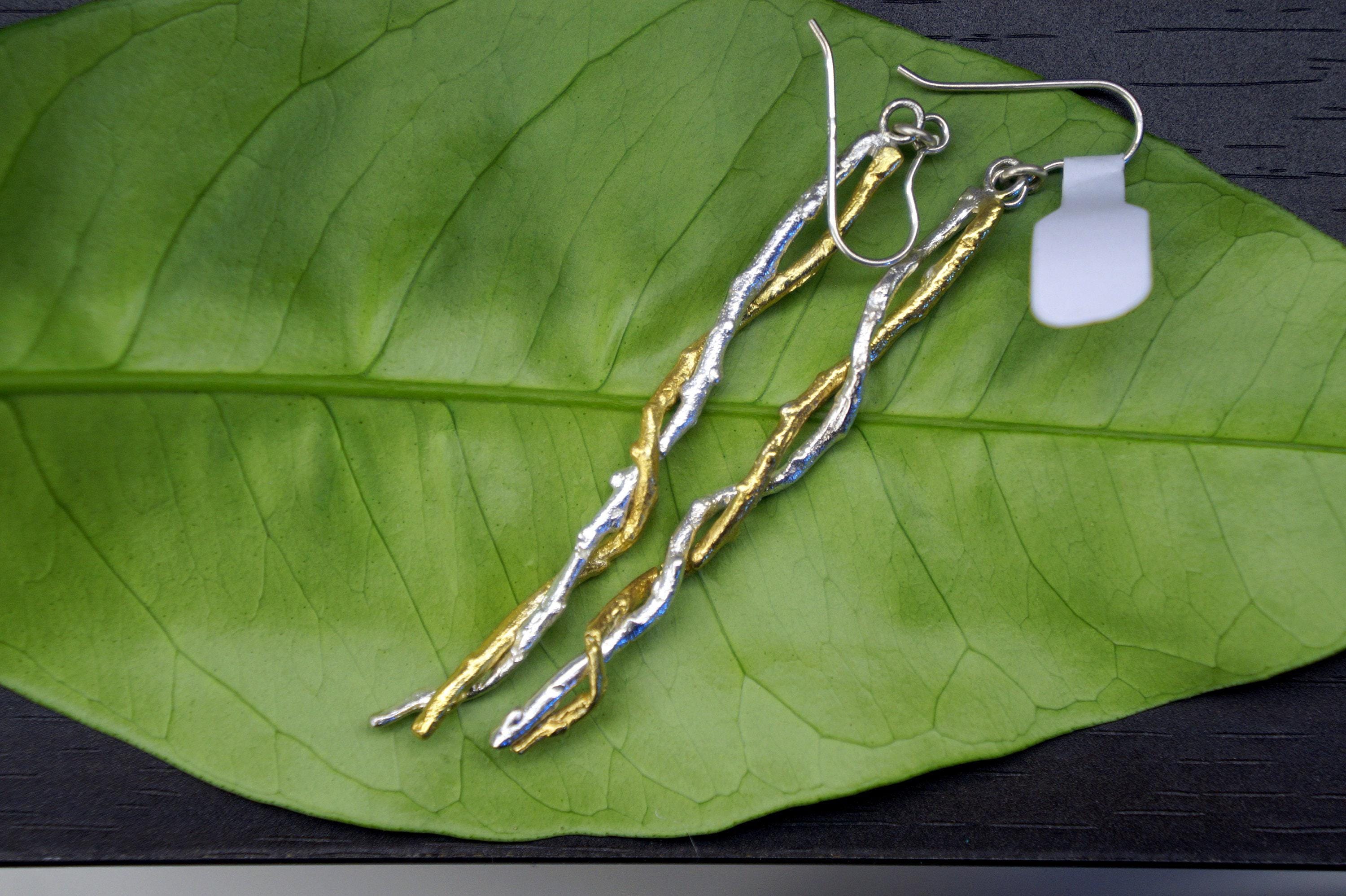 Two Tone Olive Twig Earrings - Long Sterling Silver Dangles