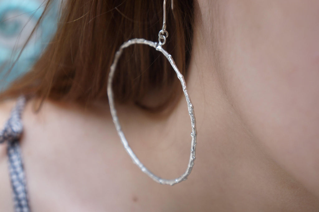 Statement Hoop Earrings: Olive Leaf Motif (Silver, Large)