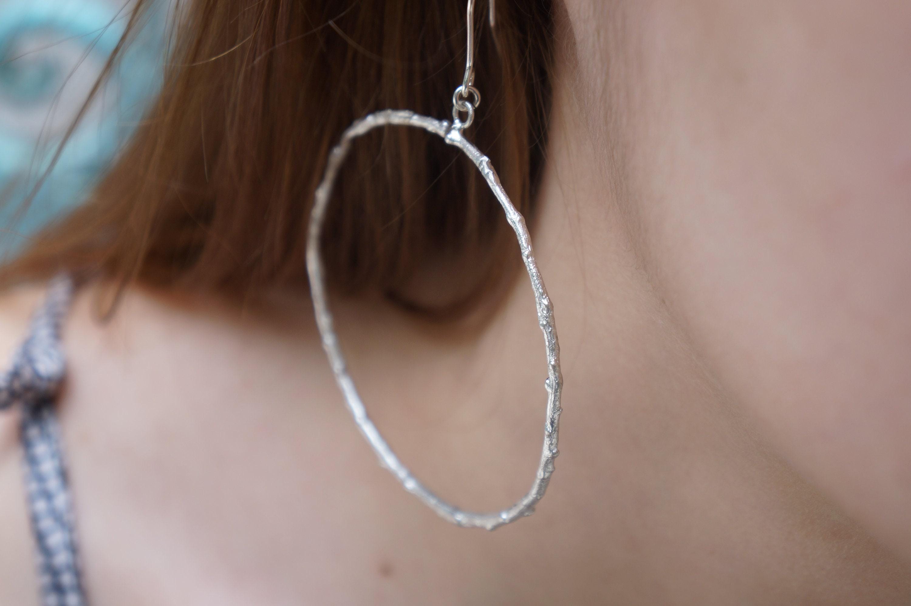 Statement Hoop Earrings: Olive Leaf Motif (Silver, Large)
