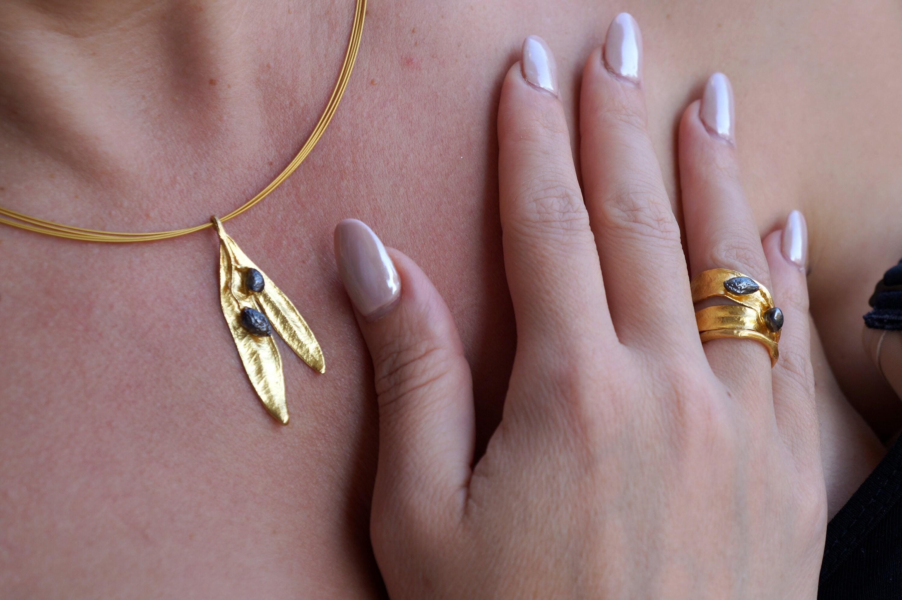 Botanical Olive Leaf Necklace, Gold-Plated Brass & Black Rhodium (Adjustable Chain)