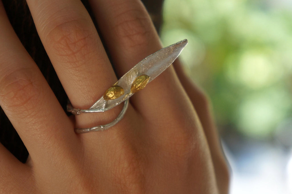 Adjustable Olive Branch Ring - Sterling Silver Leaf Design