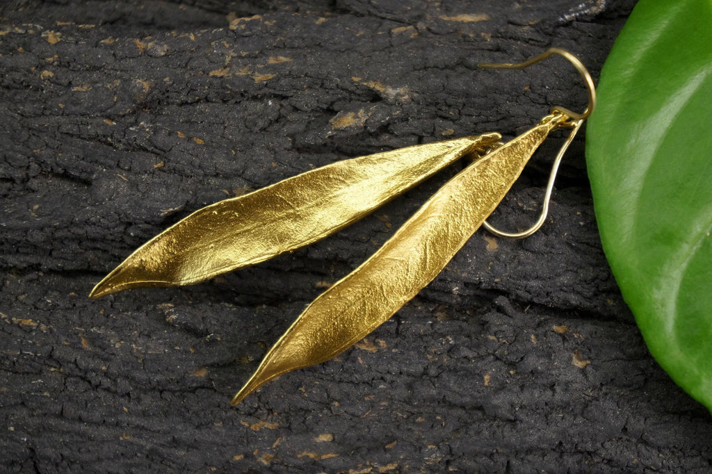Gold Silver Dangle Earrings, Olive Leaf Earrings, Gold-Plated Sterling Silver Jewelry, Birthday Gift, Gift for Women, Gift for Her, Handmade