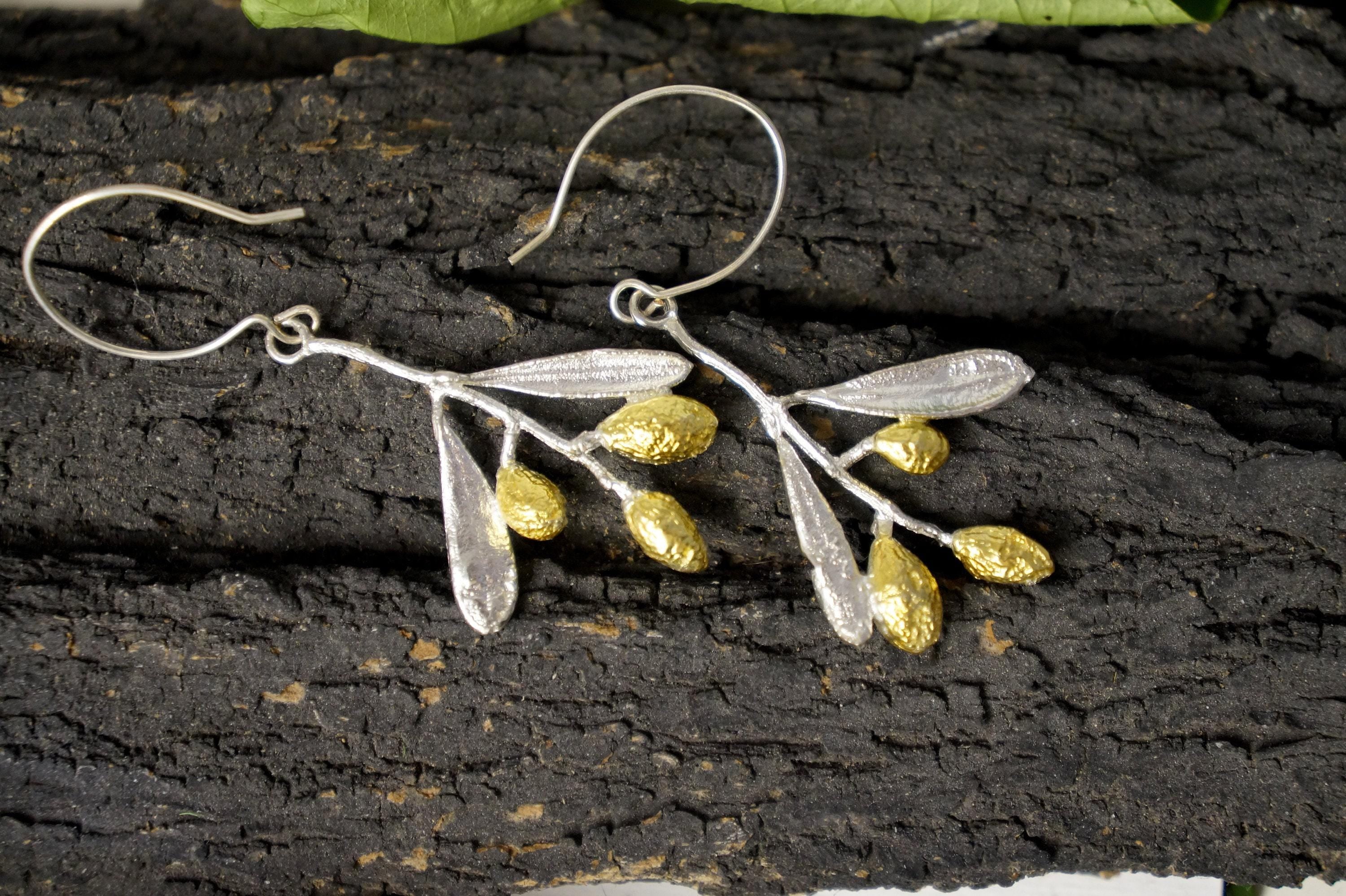 Nature-Inspired Olive Leaf Earrings, Sterling Silver (Gold Detail)