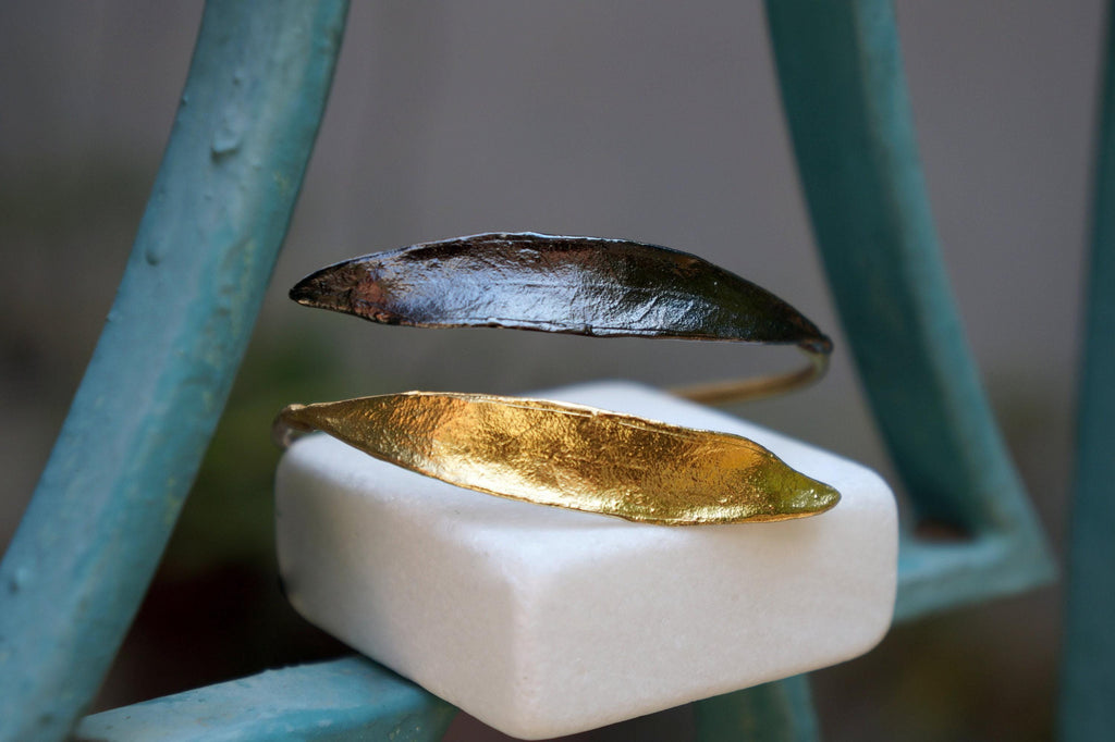 Olive Branch Bracelet - Adjustable Gold-Plated Brass and Black Rhodium Design