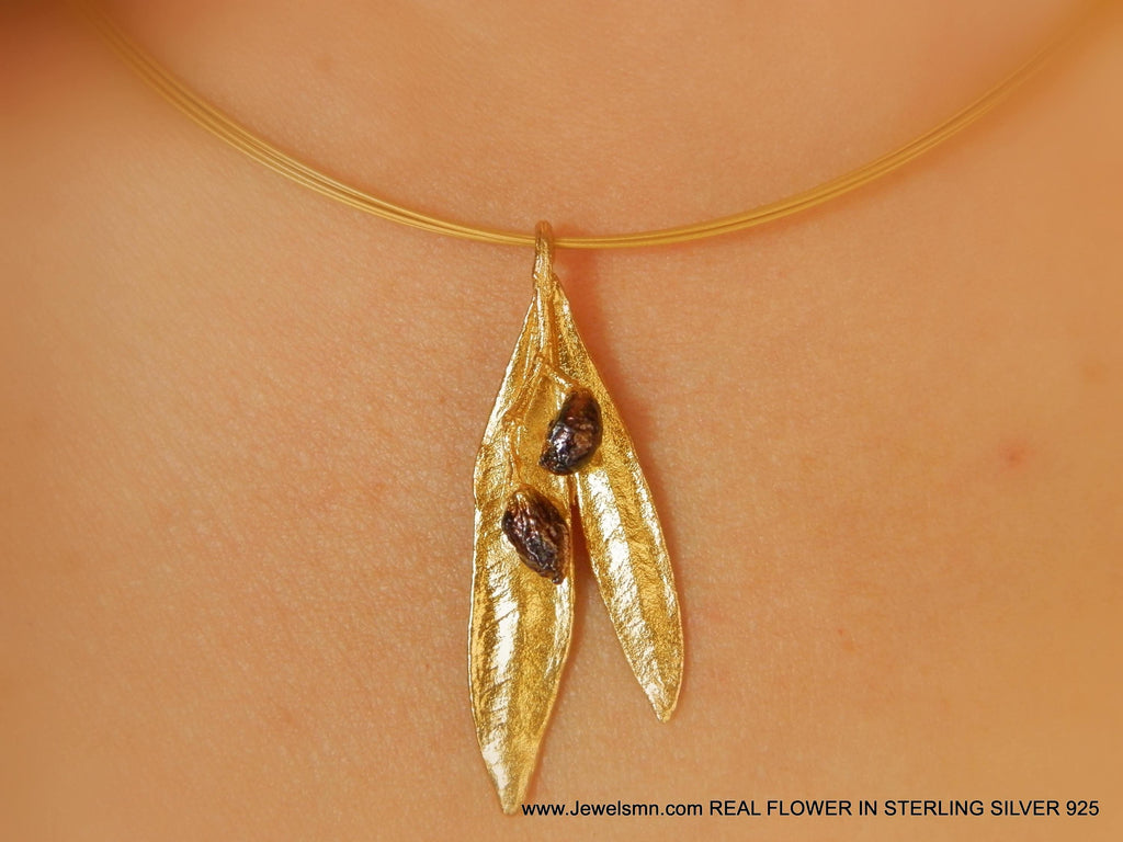 Botanical Olive Leaf Necklace, Gold-Plated Brass & Black Rhodium (Adjustable Chain)