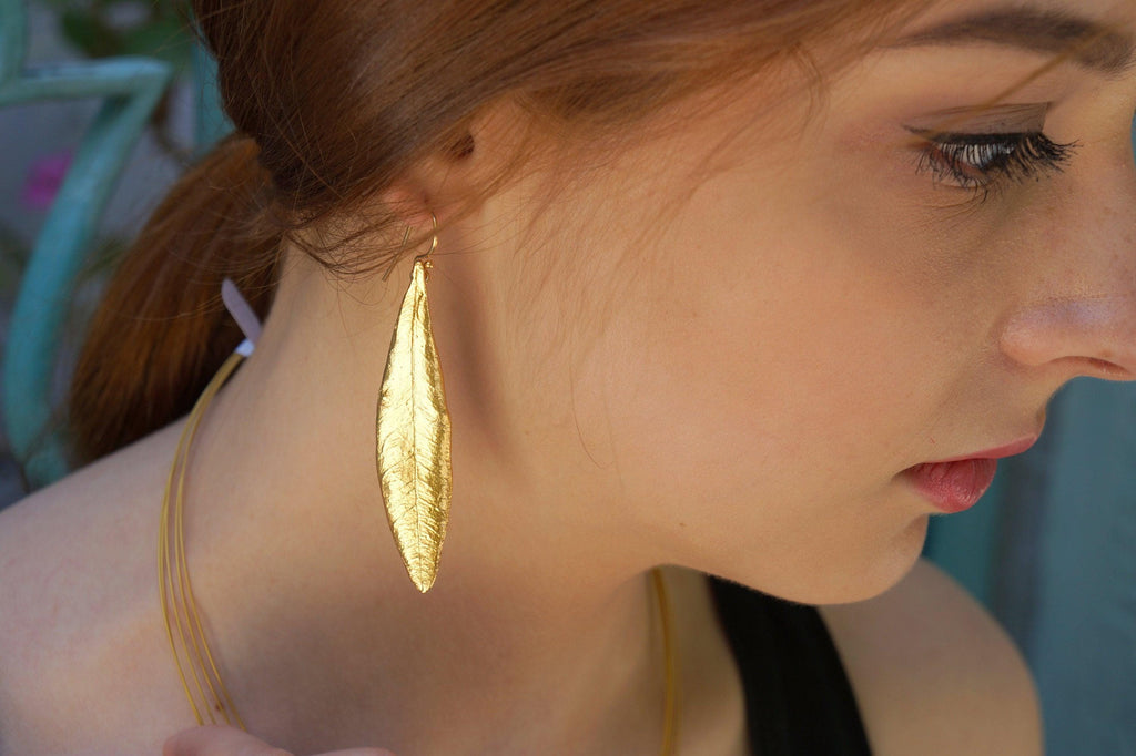 Olive Leaf Earrings, Sterling Silver Gold Plated Dangle Jewelry, Handmade Gift for Women