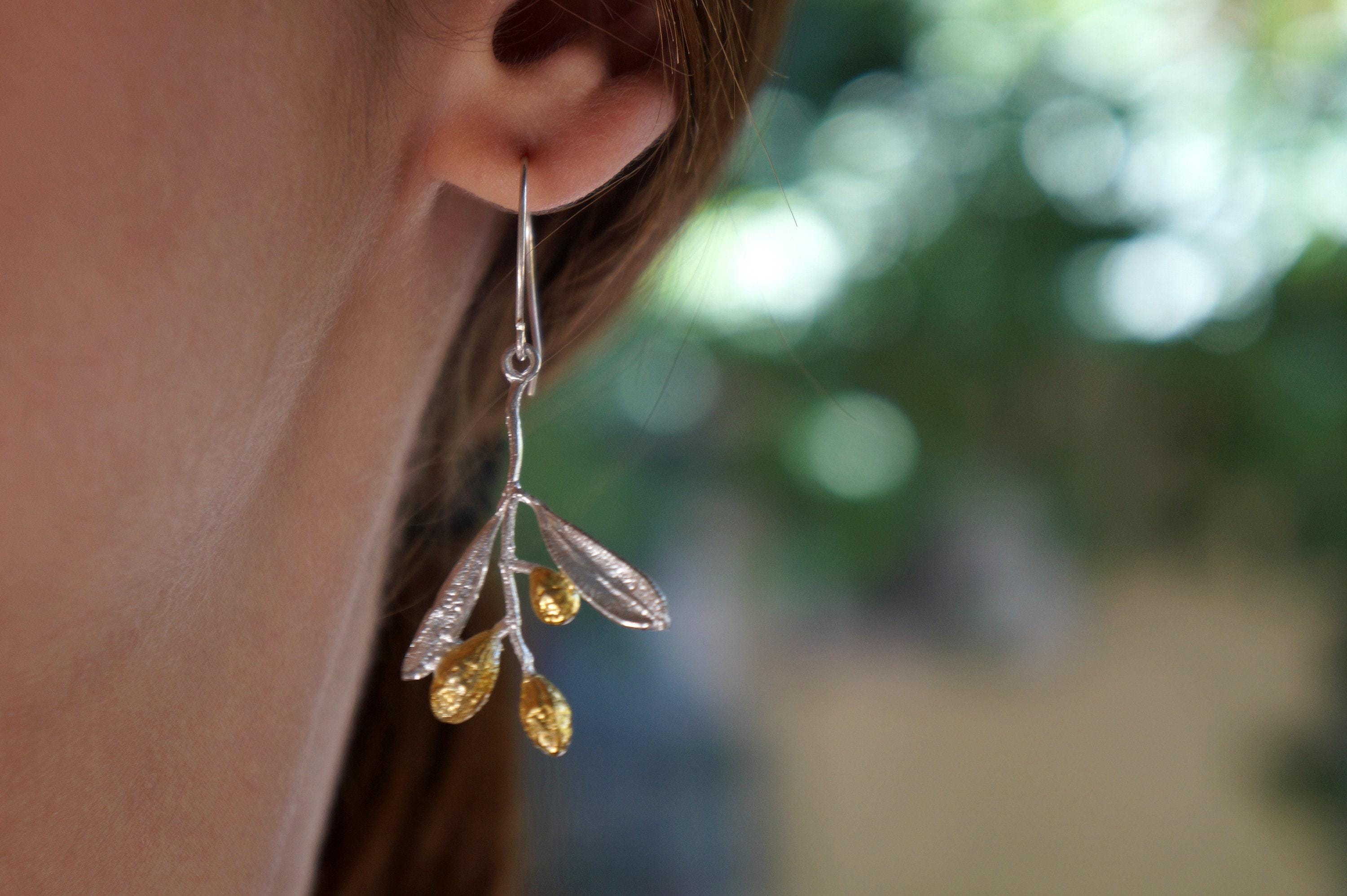 Nature-Inspired Olive Leaf Earrings, Sterling Silver (Gold Detail)