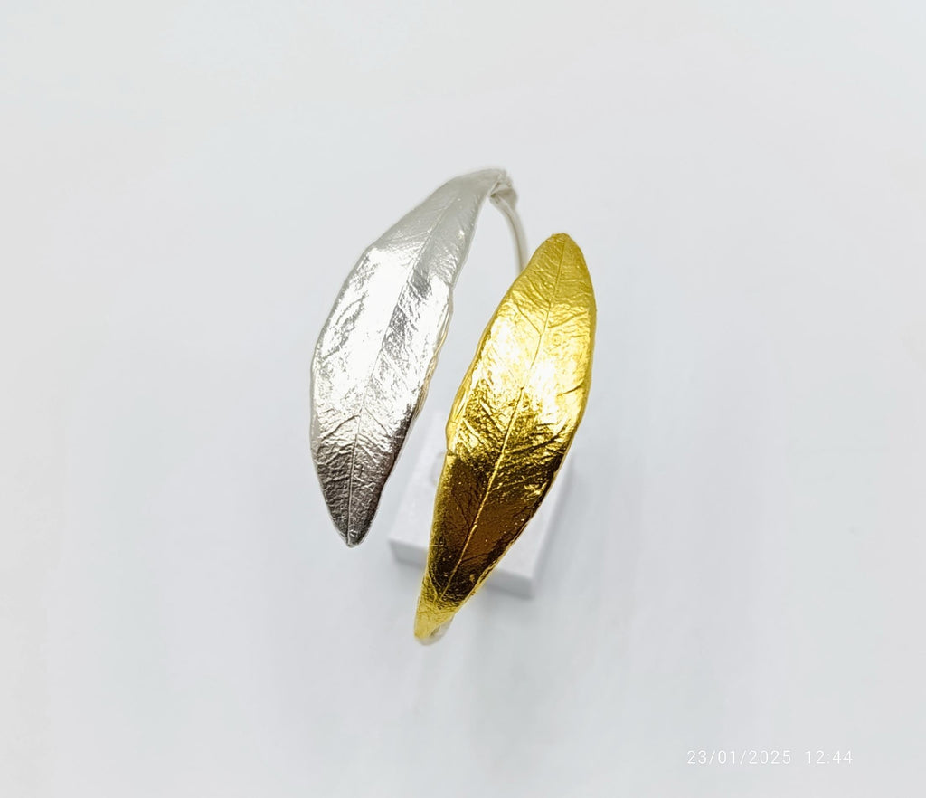 Gold Olive Leaf Bracelet, Gold-Plated Sterling Silver Jewelry, Gold-Silver Cuff, Gift for Her, Birthday Gift for Women, Handmade Jewelry
