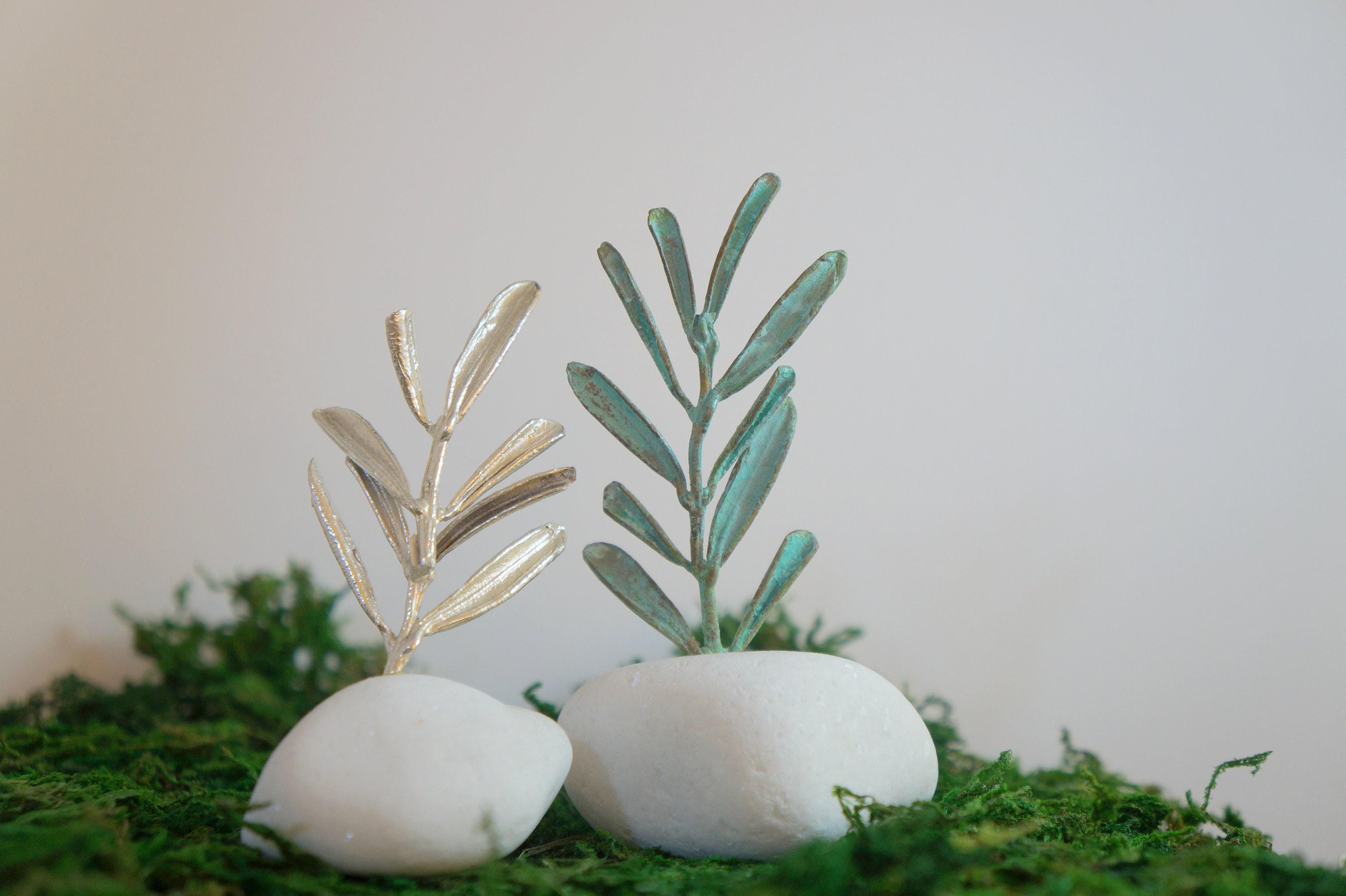 Olive Branch Decor on Sea Stone - Gold-Plated Brass
