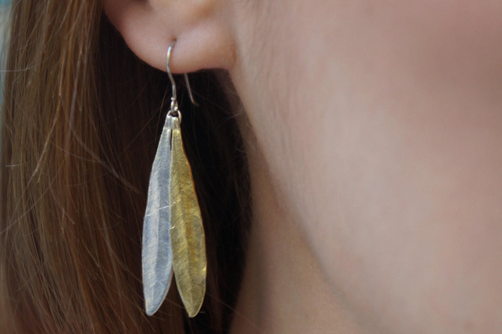 Olive Leaf Earrings: Sterling Silver Dangles - Mixed Metal Finish