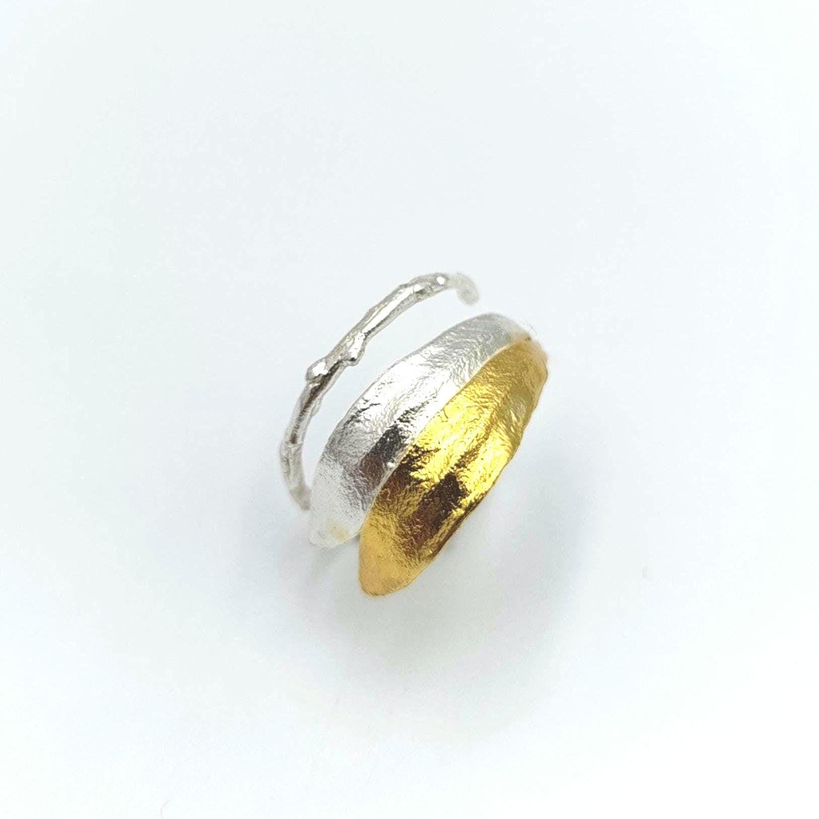 Gold-Silver Olive Leaf Ring, Gold-Plated Sterling Silver Jewelry, Gold Band, Gift for Her, Birthday Gift for Women, Handmade Jewelry