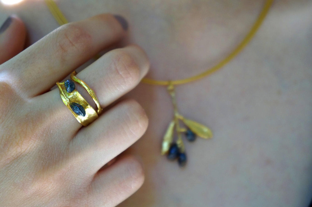 Nature-Inspired Olive Leaf Ring, Adjustable Gold-Plated Brass Band (Women’s Size)