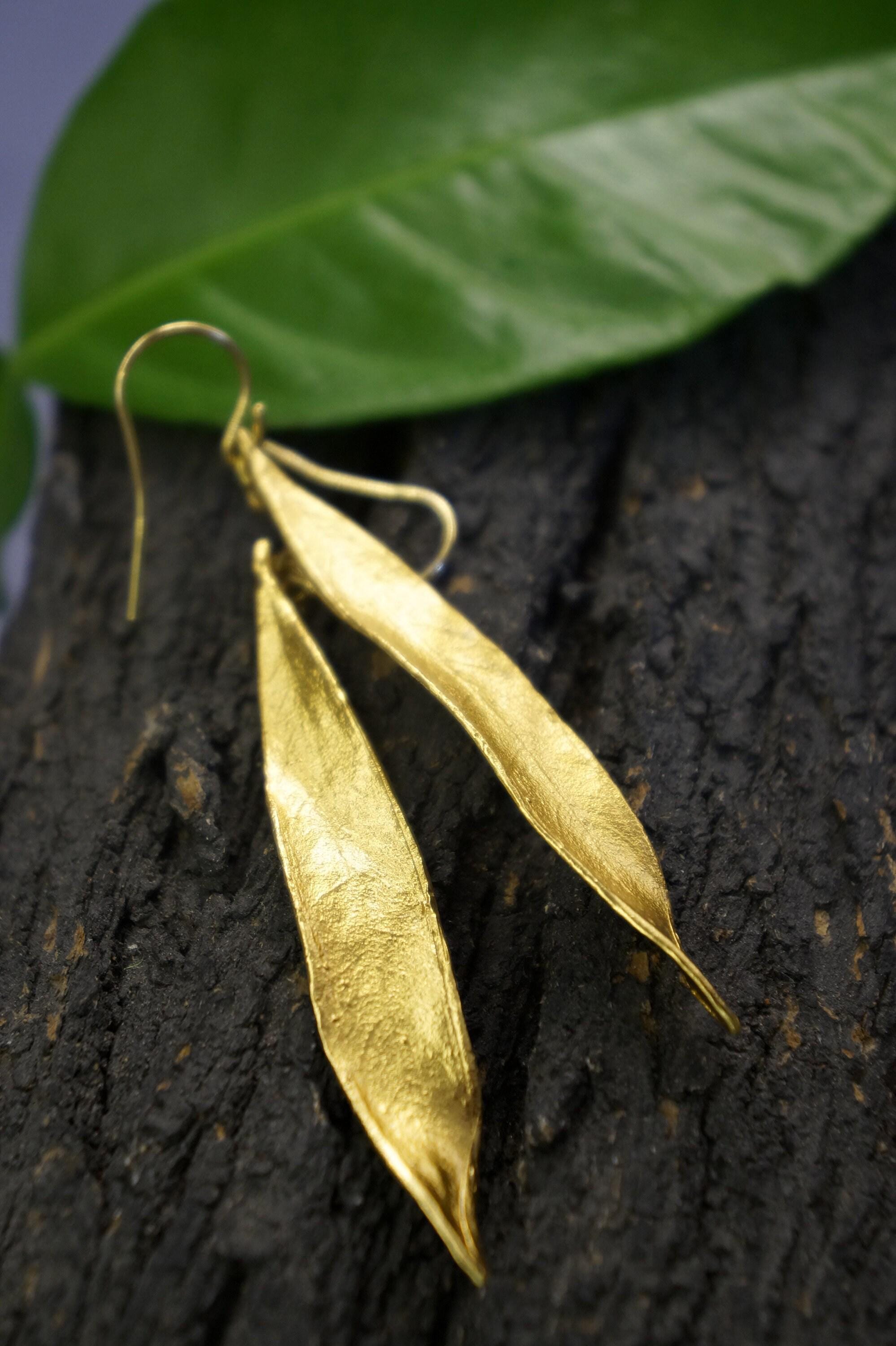 Silver 925 Olive Leaf Dangle Earrings - Real Leaves 14k Dipped Gold Plated- Rose plated