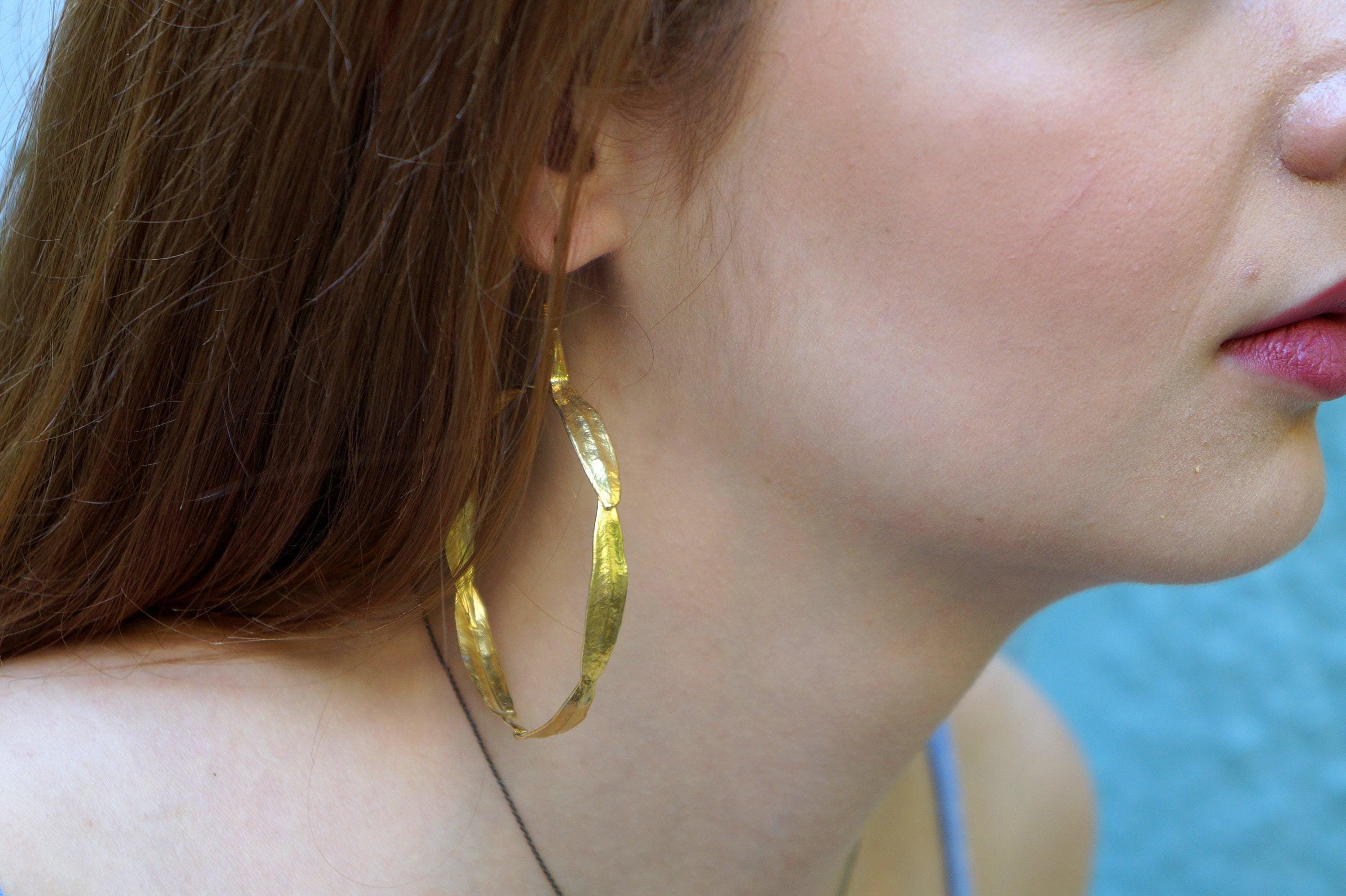 Sterling Silver Hoop Earrings: Olive Leaf Design, Gold Plated