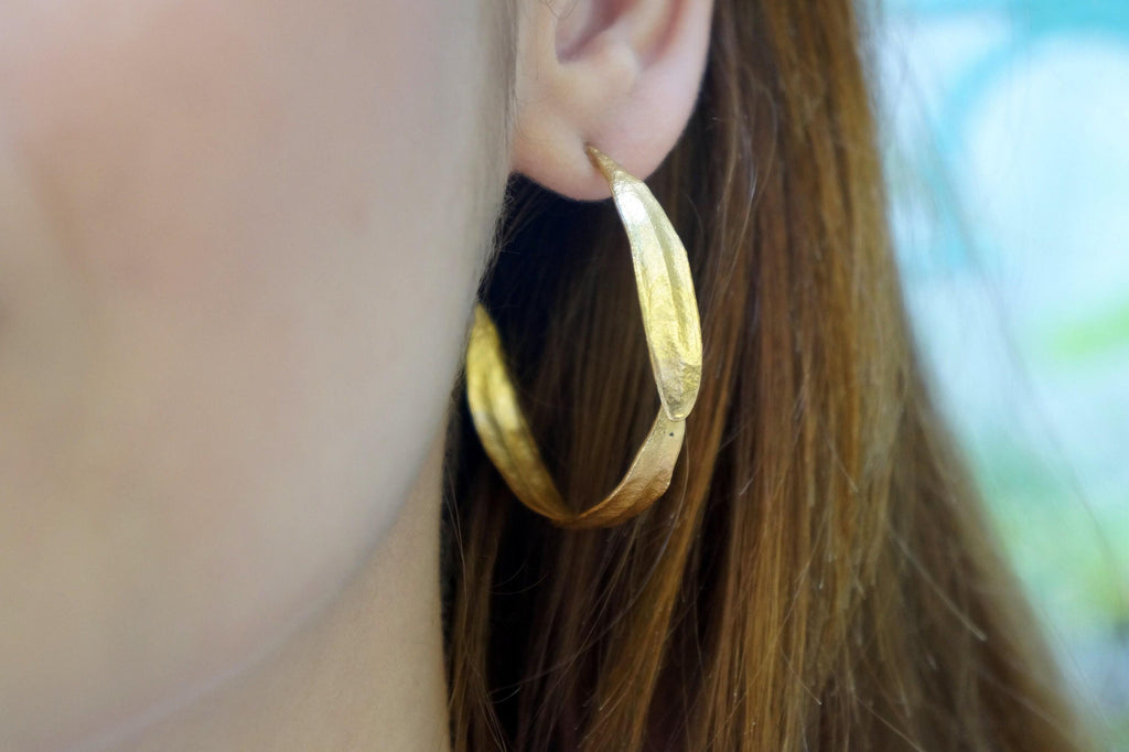 Olive Leaf Hoop Earrings - Handmade Brass with Gold Plating
