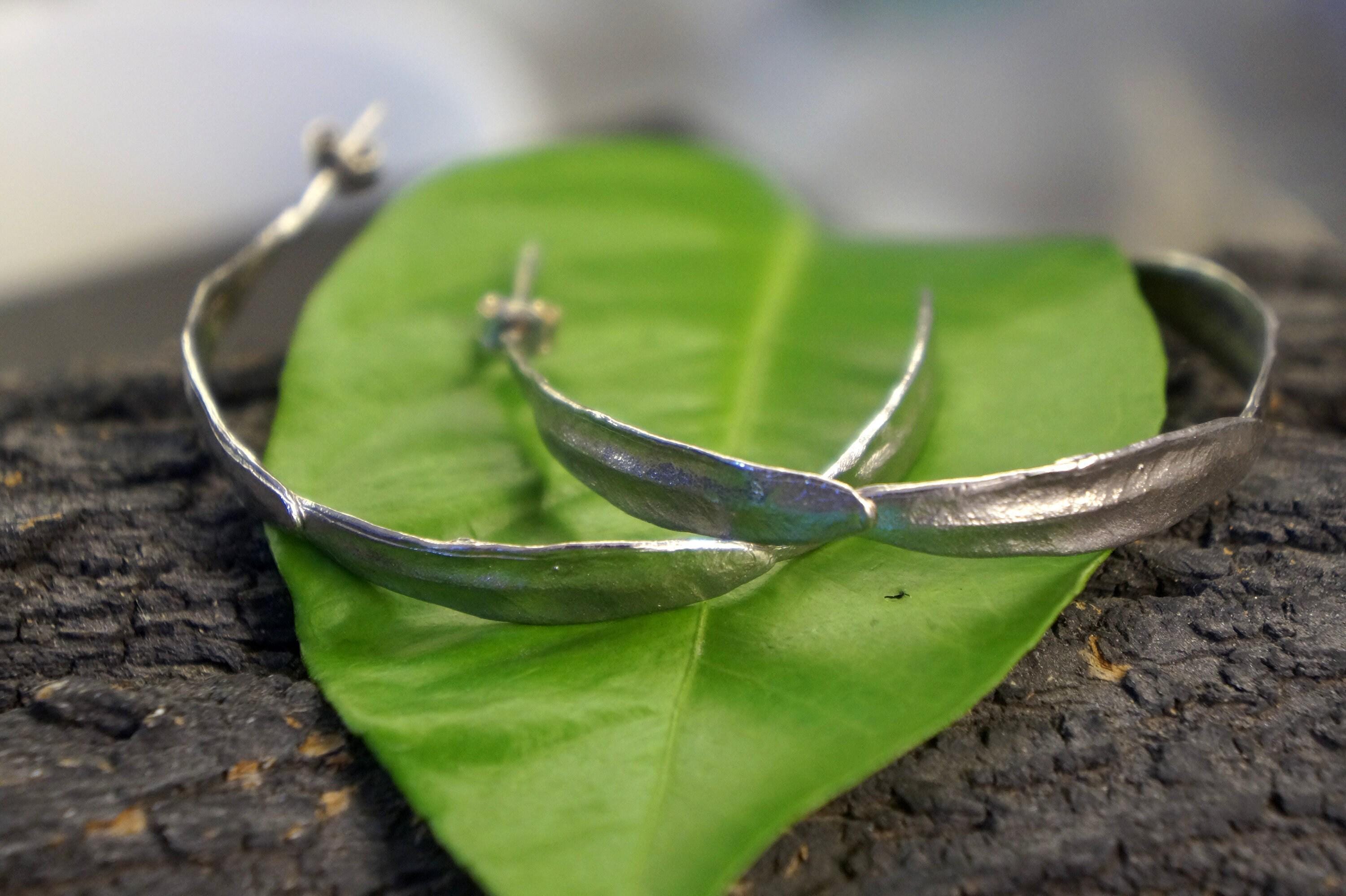 Olive Leaf Hoop Earrings - Handmade Brass with Gold Plating