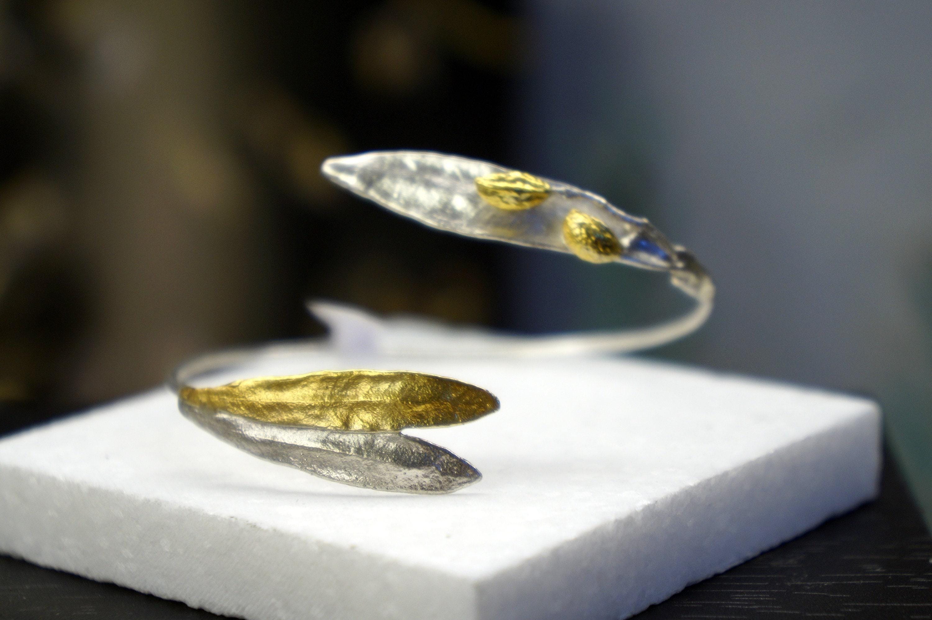 Sterling Silver Cuff Bracelet: Olive Leaf Design - Adjustable Gold Accent