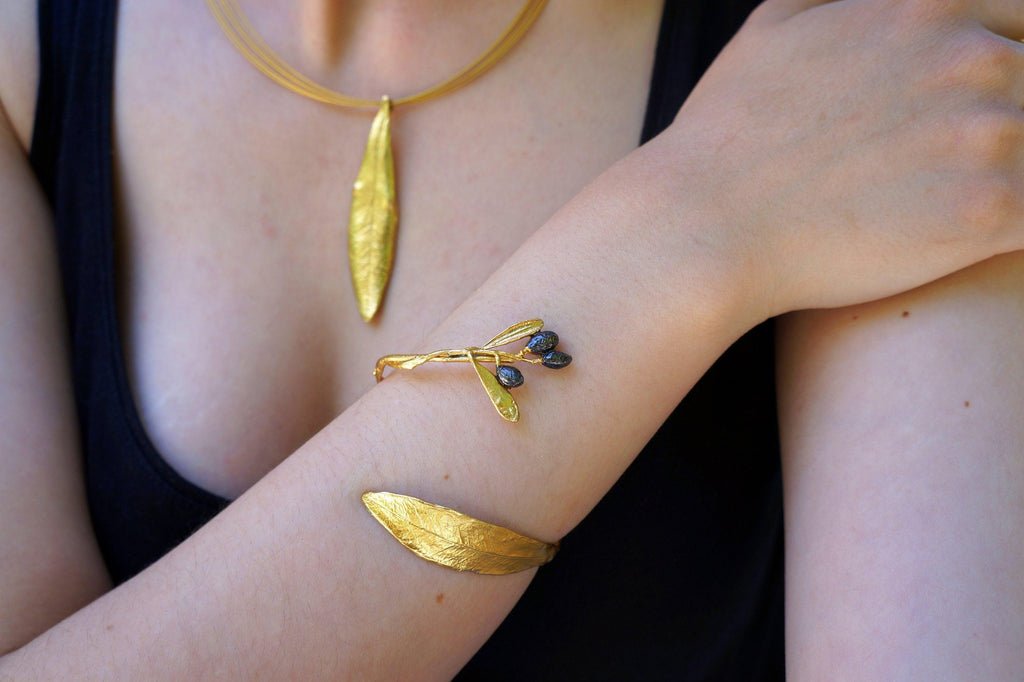 Gold Olive Branch Bracelet, Gold-Plated Sterling Silver Jewelry, Adjustable Cuff, Gift for Her, Birthday Gift for Women, Handmade Jewelry