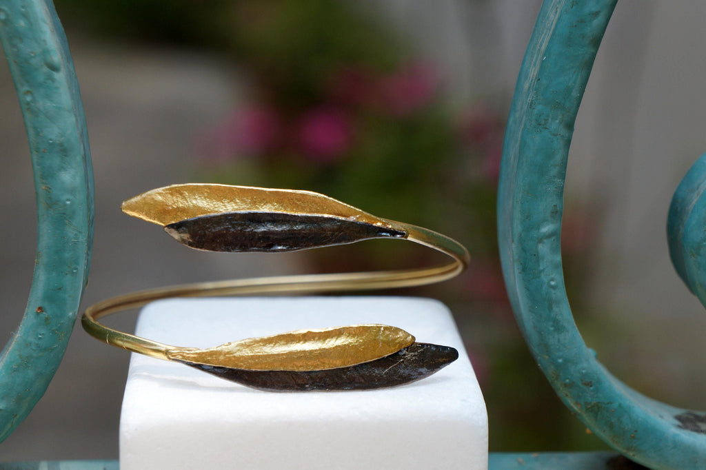 Olive Leaf Cuff Bracelet - Adjustable Gold-Plated Brass and Black Rhodium Finish