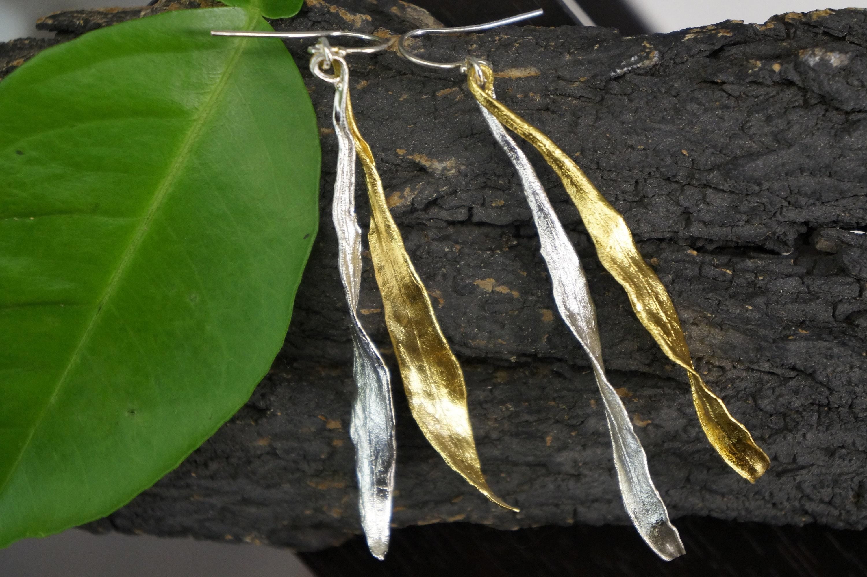 Real Olive Leaf Earrings: Long Two-Tone Dangle for Nature Lovers