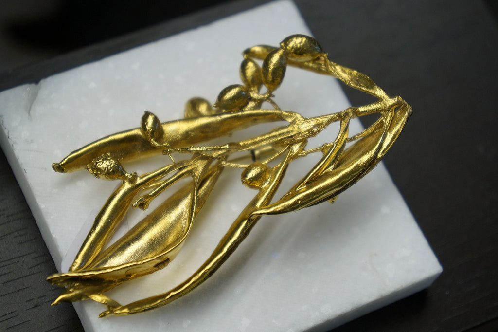 Olive Branch Brooch - Gold-Plated Brass with Leaf Detailing