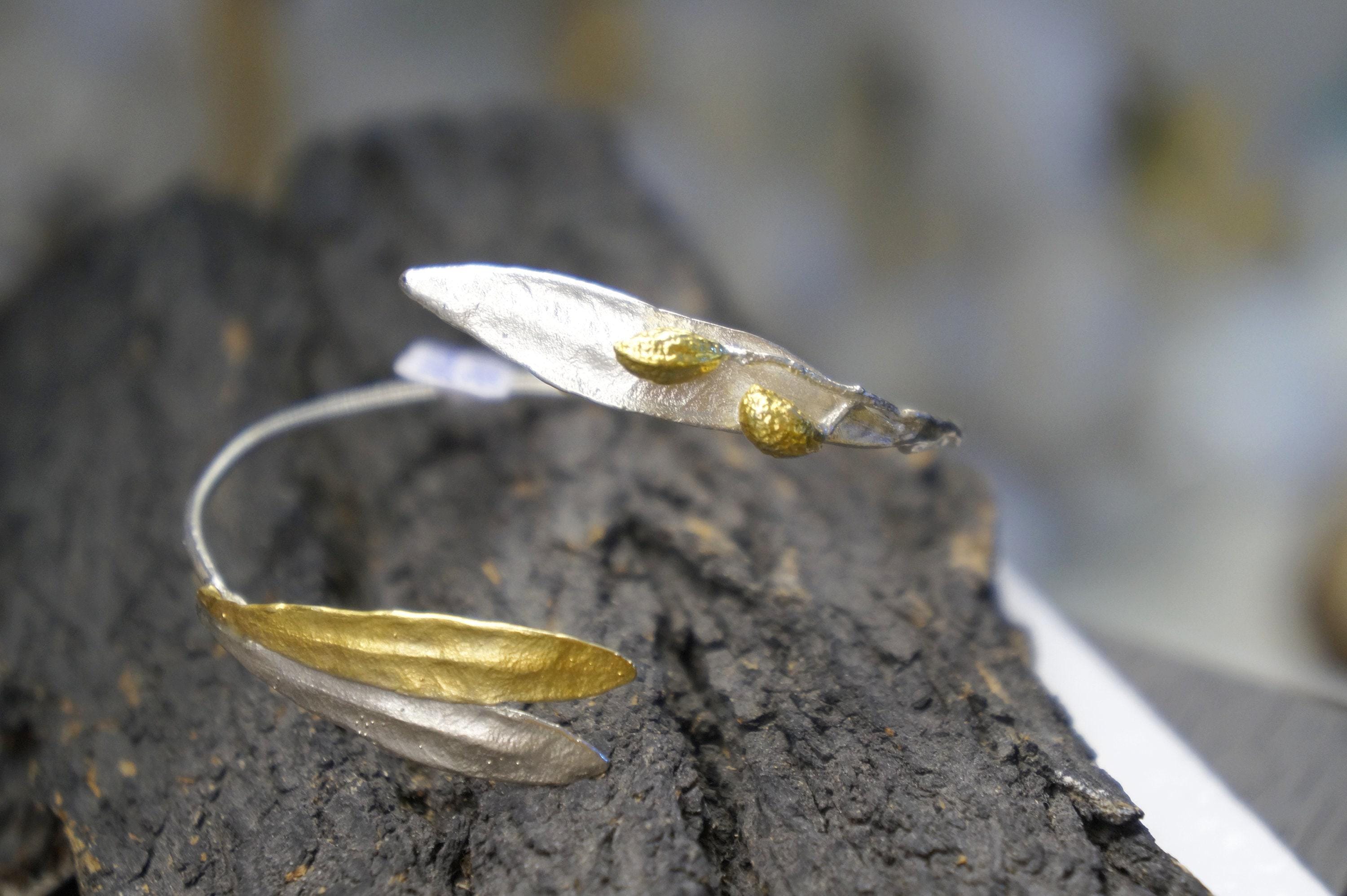 Sterling Silver Cuff Bracelet: Olive Leaf Design - Adjustable Gold Accent