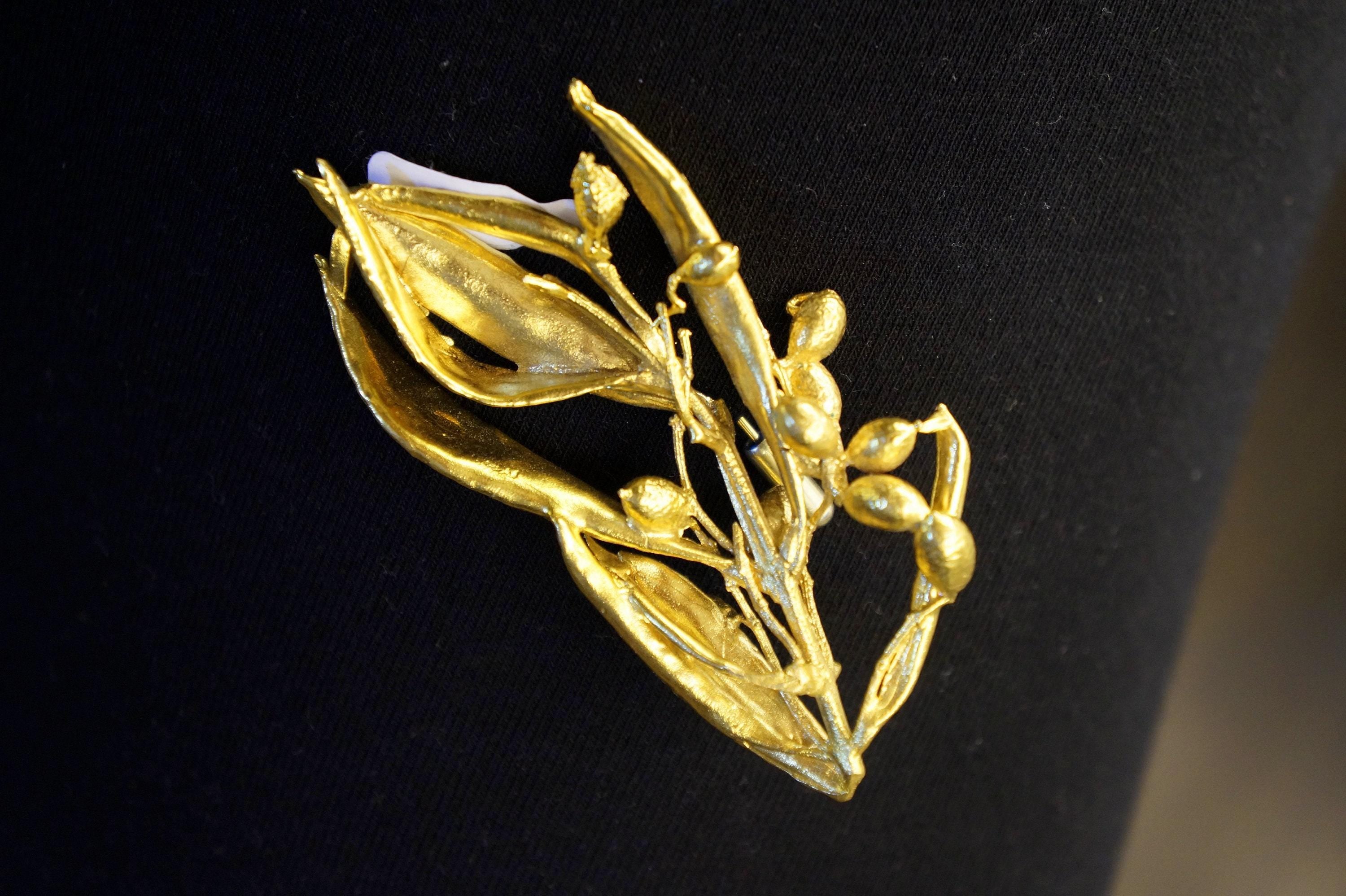 Olive Branch Brooch - Gold-Plated Brass with Leaf Detailing