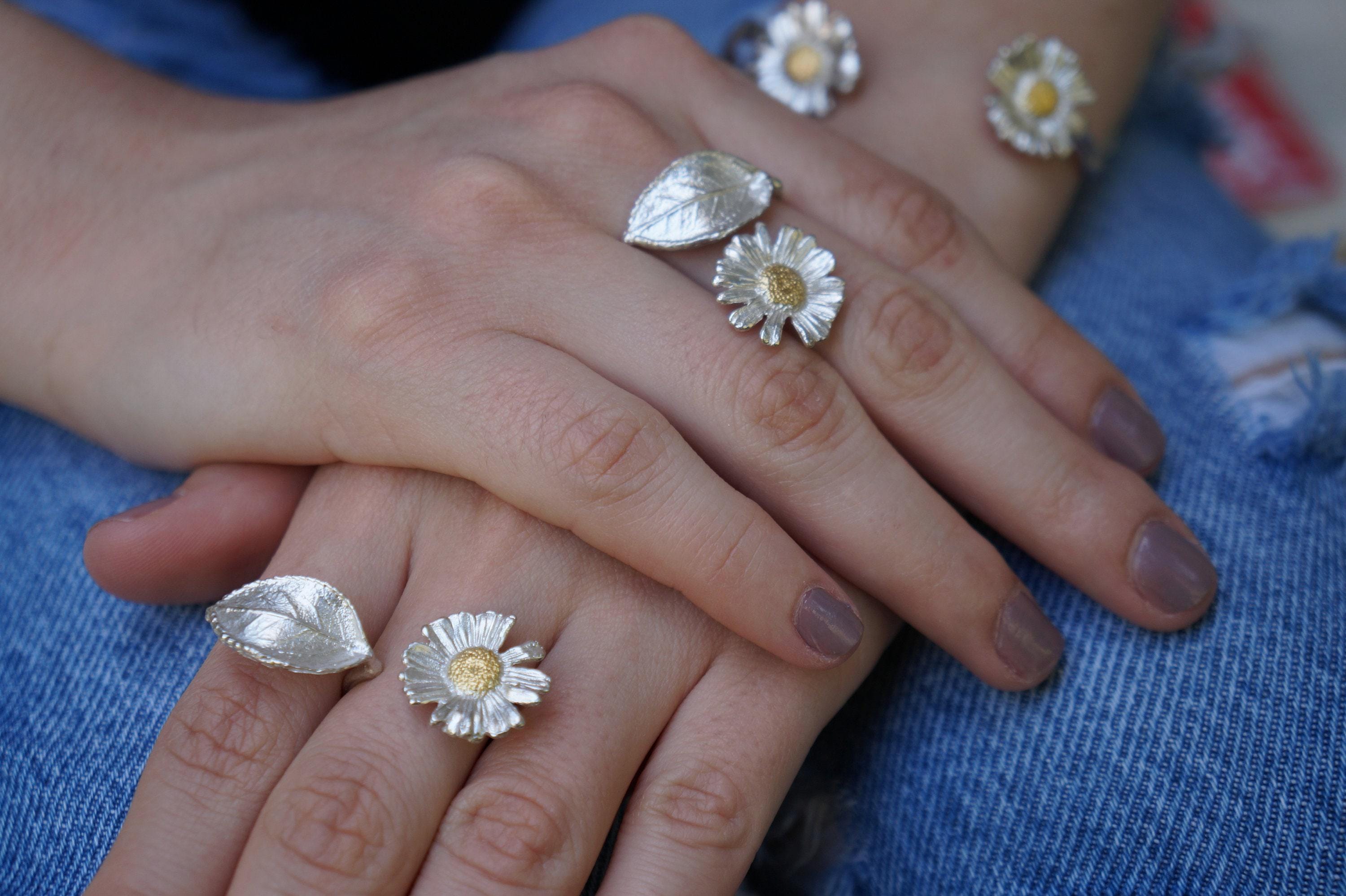 Nature Inspired Ring: Daisy and Rose Leaf Twig - Recycled Silver