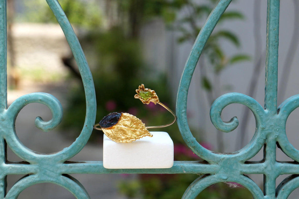 Gold Leaf Cuff Bracelet - Real Flowers with Green Murano Stone