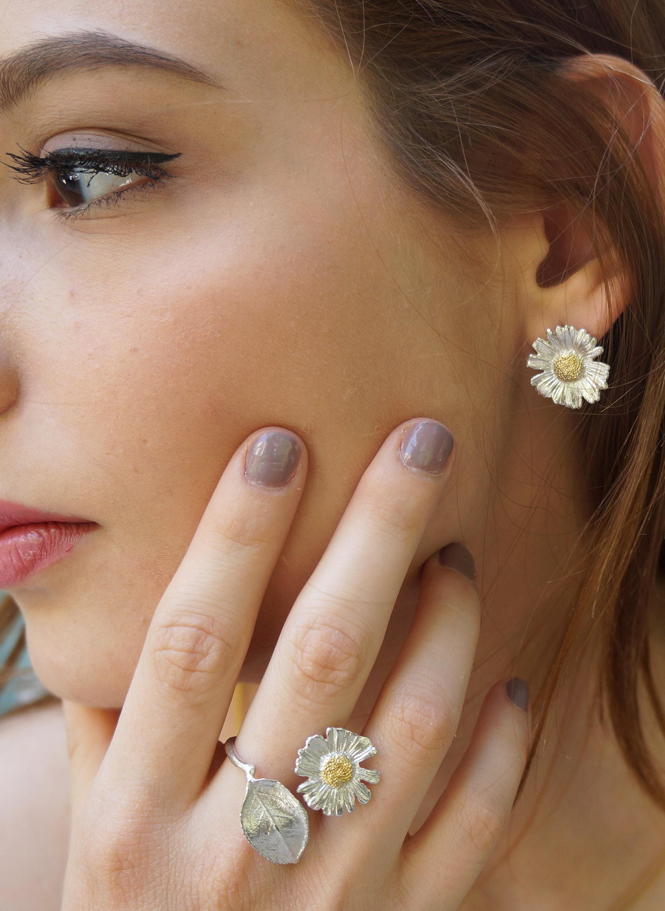 Botanical Sterling Silver Earrings, Real Daisy Flowers (Stud or Dangle)