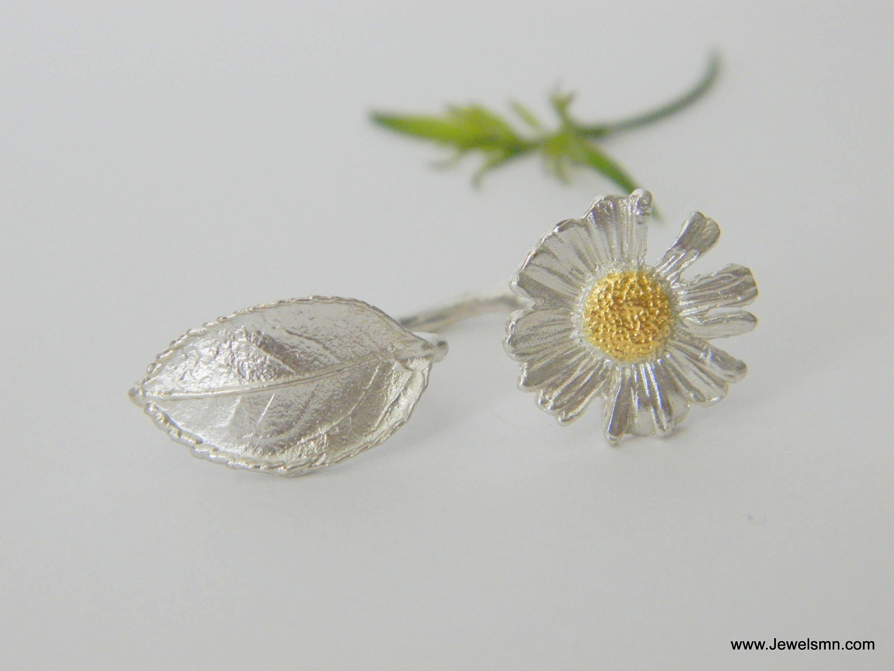 Nature Inspired Ring: Daisy and Rose Leaf Twig - Recycled Silver