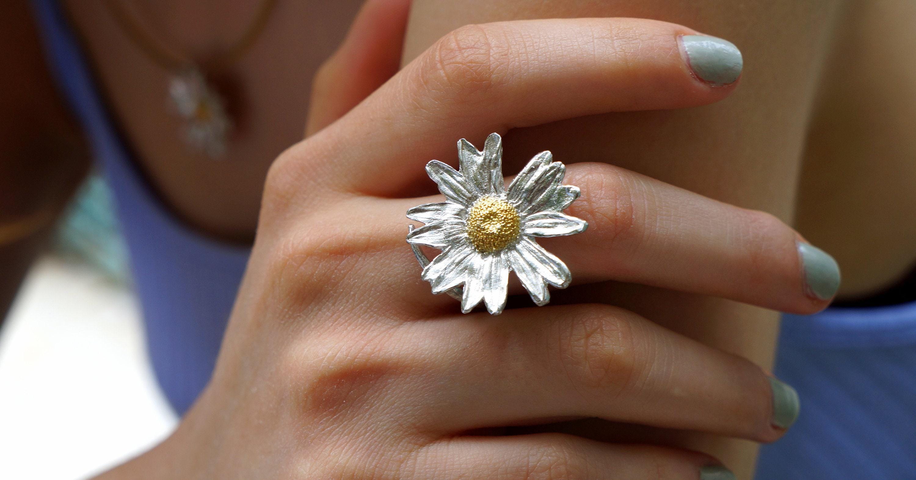 Floral Statement Ring: Real Daisy in Recycled Silver (Eco Friendly)