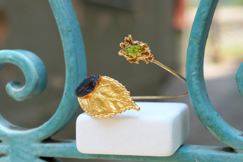 Gold Leaf Cuff Bracelet - Real Flowers with Green Murano Stone