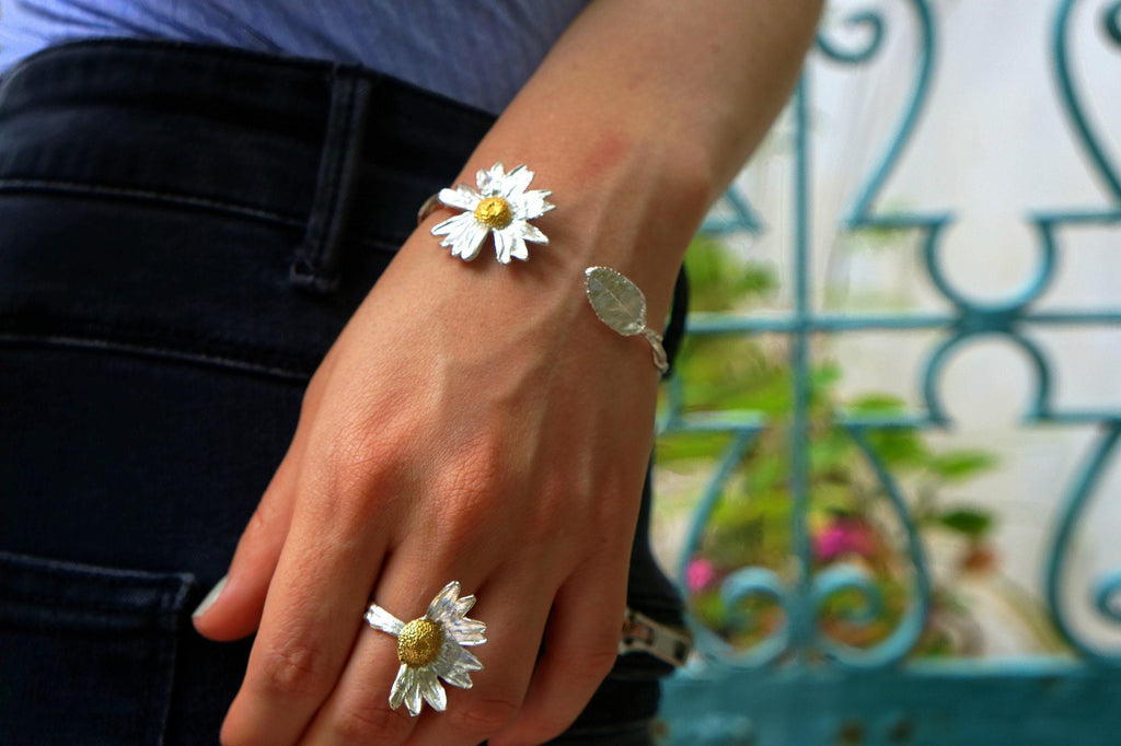 Sterling Silver Cuff Bracelet: Real Daisy and Sunflower Leaves