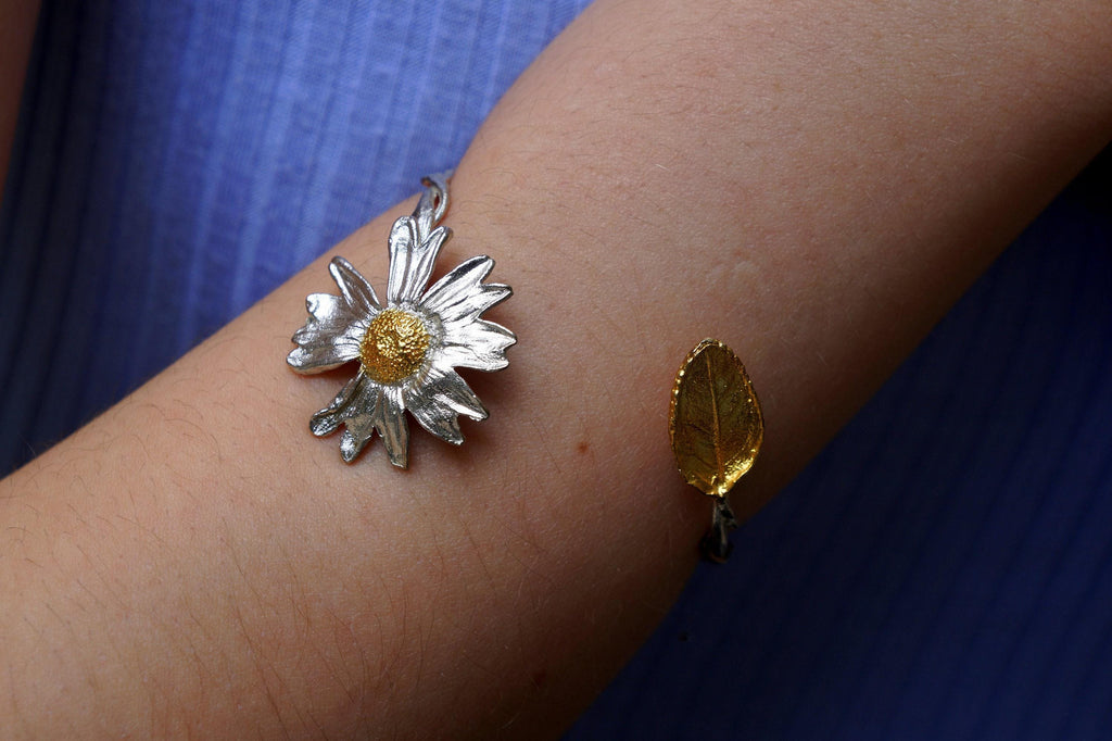 Sterling Silver Cuff Bracelet: Real Daisy and Sunflower Leaves