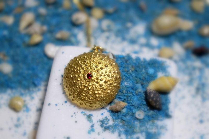 Gold Sea Urchin Necklace, Gold-Plated Brass Jewelry, Zircon Stone Pendant, Gift for Her, Birthday Gift for Women
