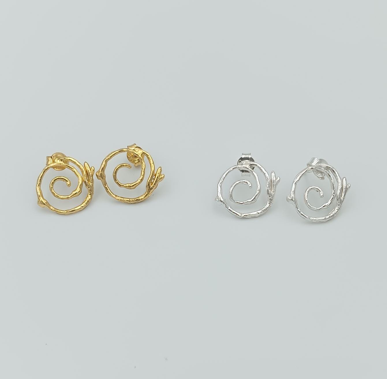 Nature-Inspired Spiral Stud Earrings, Jasmine Twig (Gold Plated)