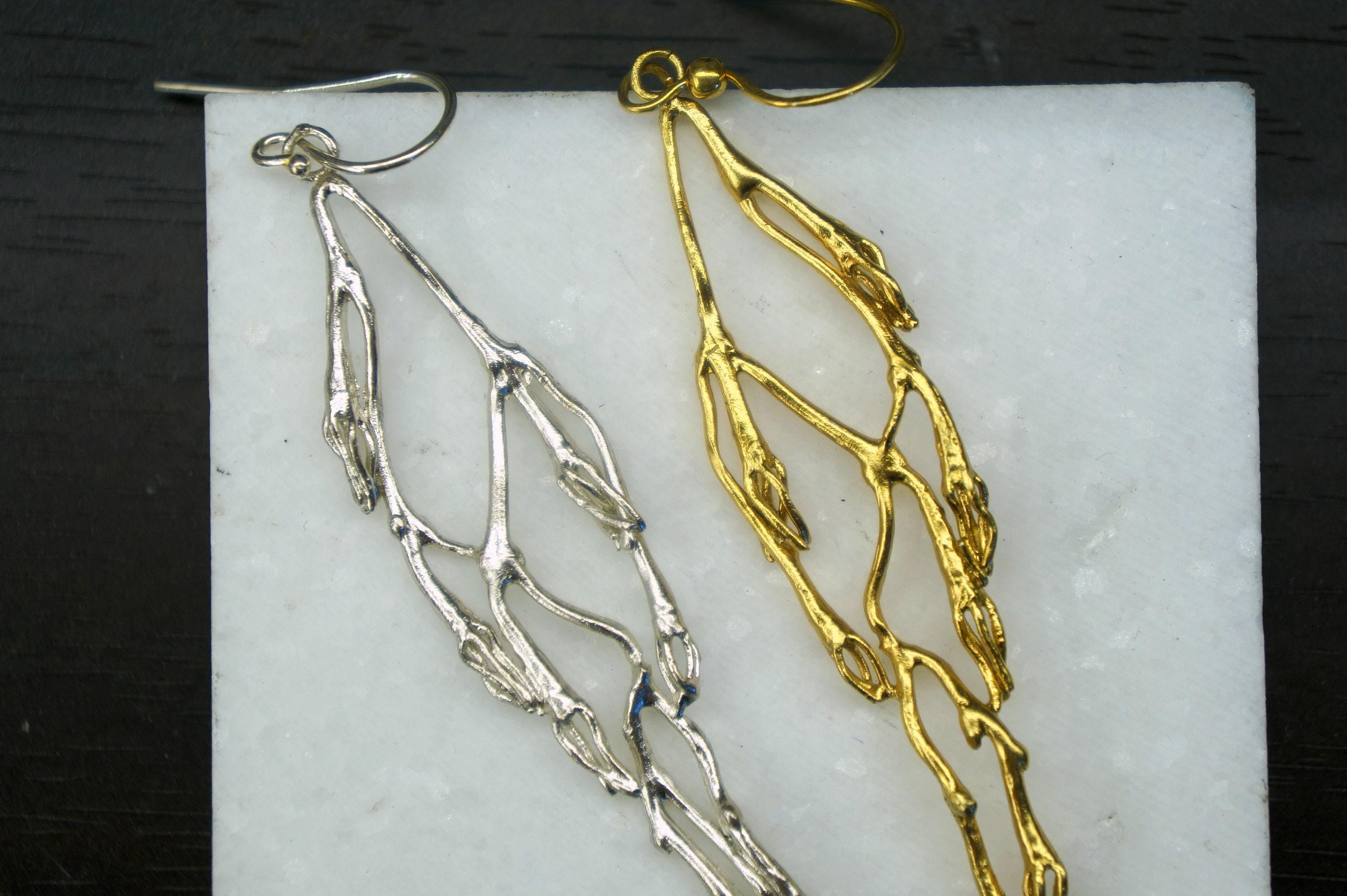 Sterling Silver Jasmine Twig Earrings: 14k Gold Plated, Long Dangle