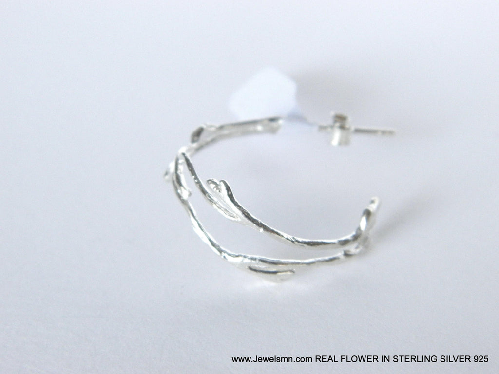 Nature-Inspired Sterling Silver Hoop Earrings, Jasmine Branch Detail (Lightweight)