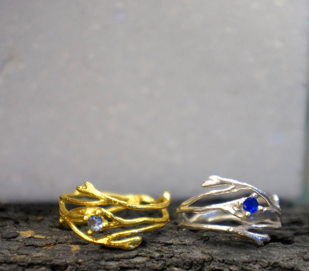 Twig Ring: Jasmine Branch Design (Sterling Silver, Zircon Stone)