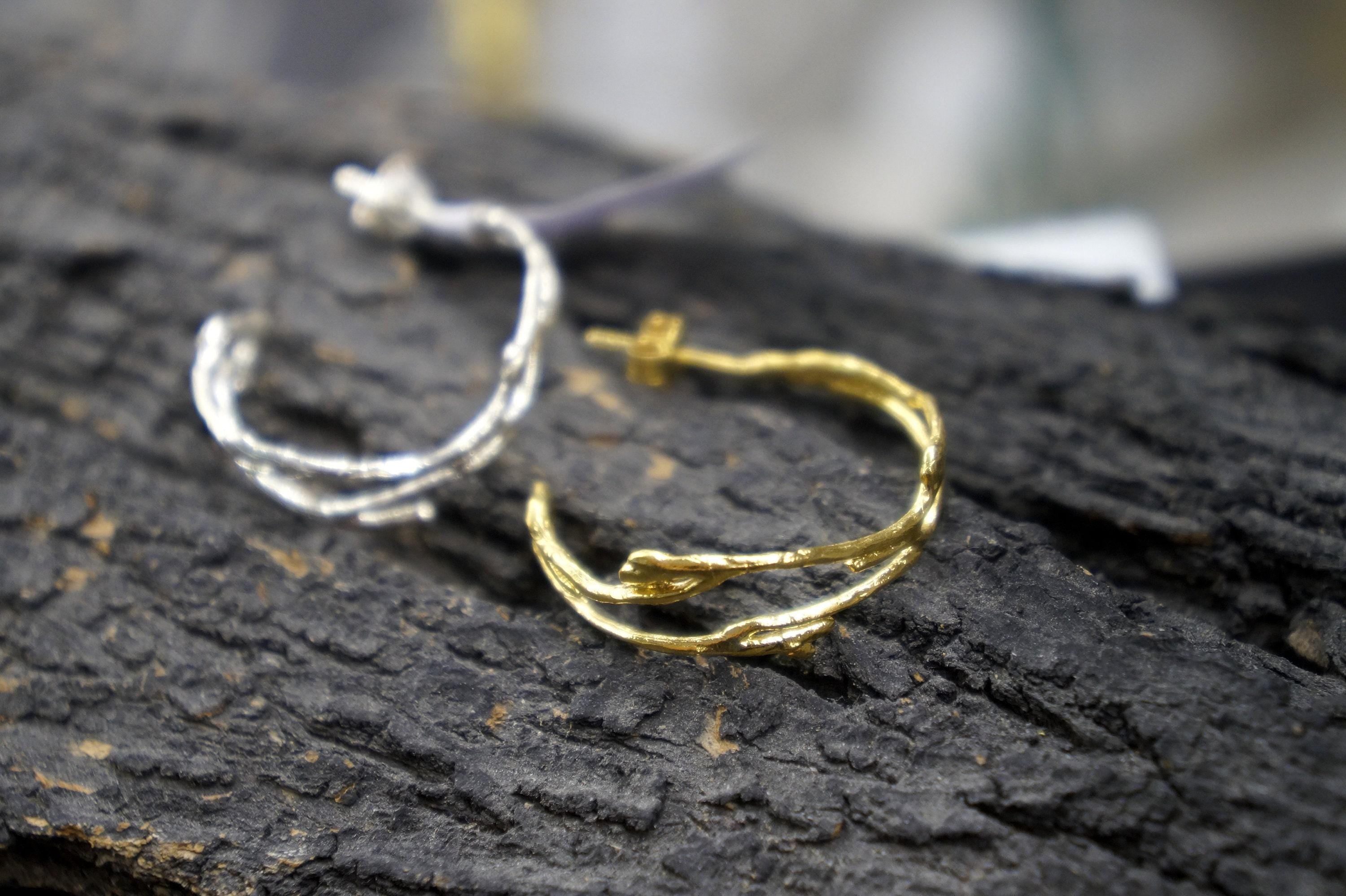 Silver Branch Earrings, Gold-Plated Sterling Silver Jewelry, Hoop Earrings, Gift for Her, Birthday Gift for Women, Handmade Jewelry