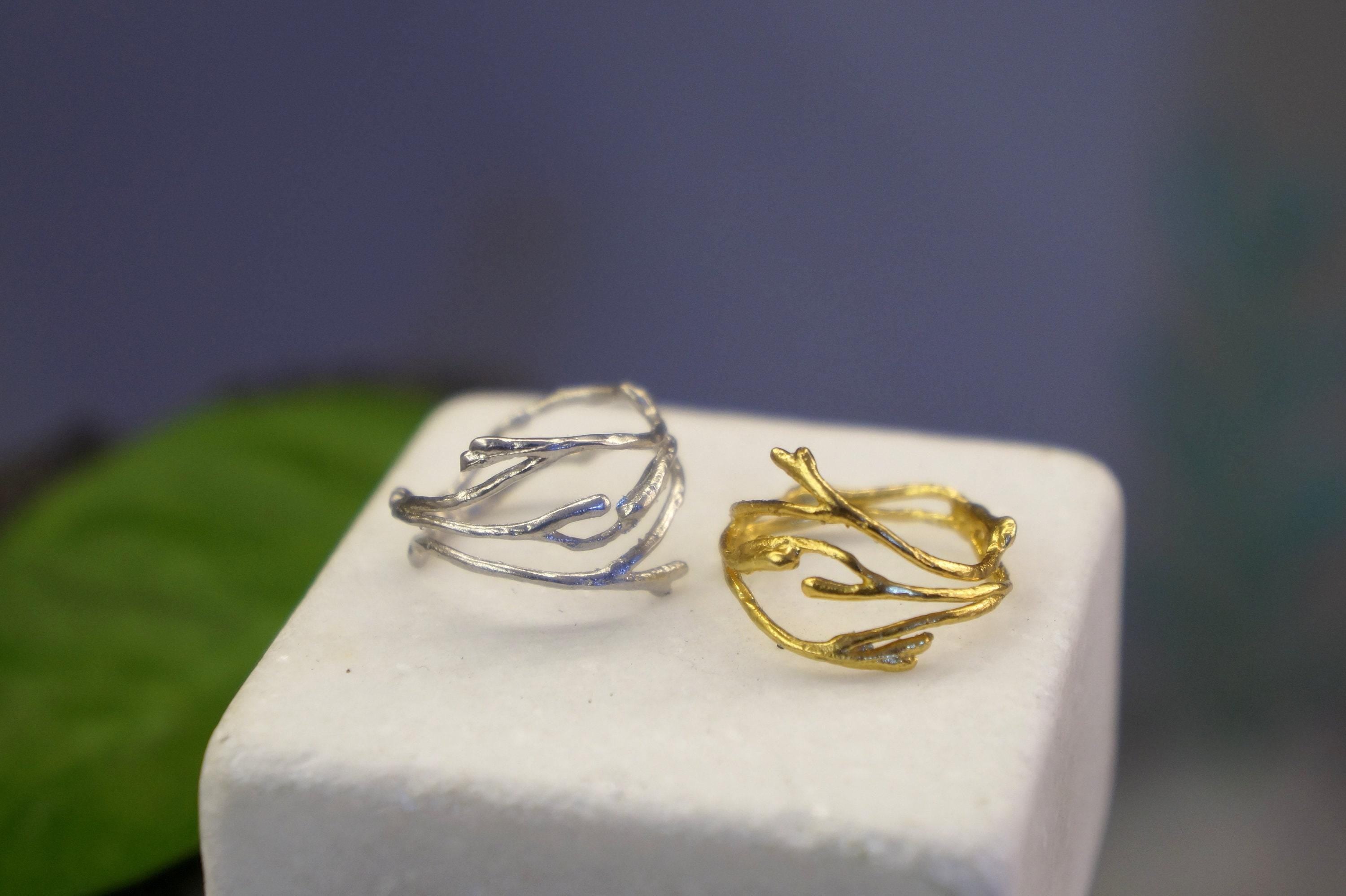 Silver Jasmine Ring, Gold-Plated Sterling Silver Ring, Jasmine Branch Ring, Handmade Boho Jewelry, Gift for Her, Birthday Gift for Women