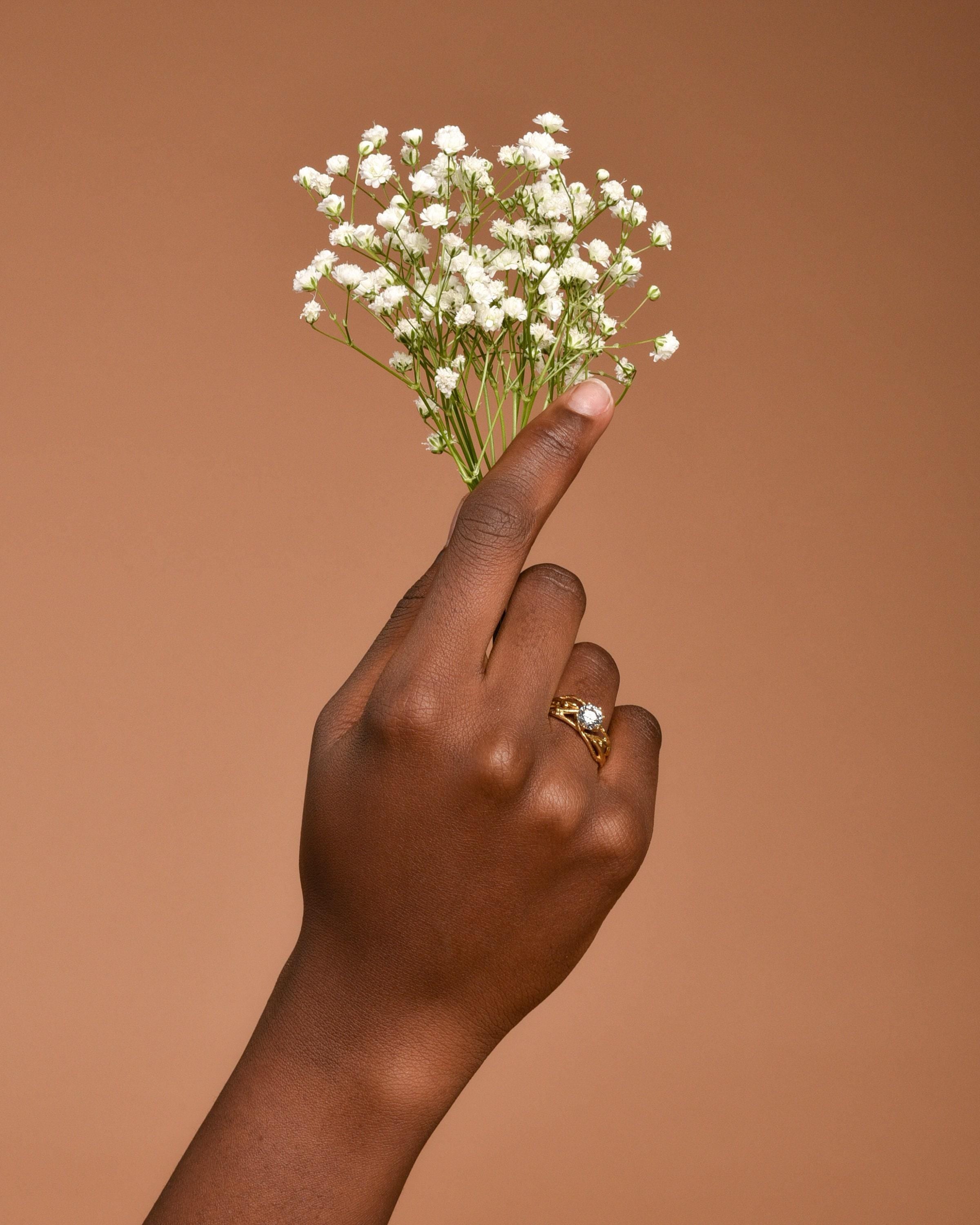 Jasmine Twig Ring - Delicate Sterling Silver with Sparkling Zircon